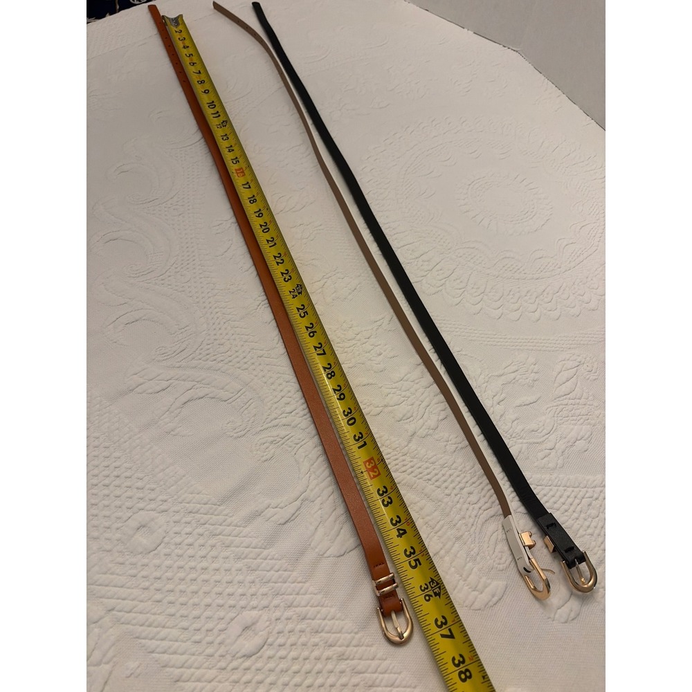 Set of 3 Skinny Faux Leather Belts Gold Horseshoe Buckle Black White Brown Sz 28 - Picture 6 of 6